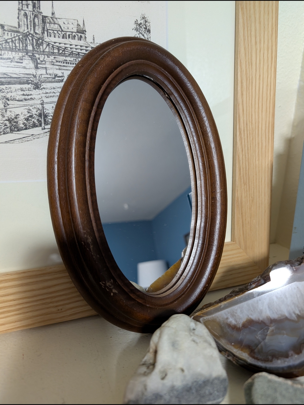 Oval Wooden Table Mirror - Brown Frame
